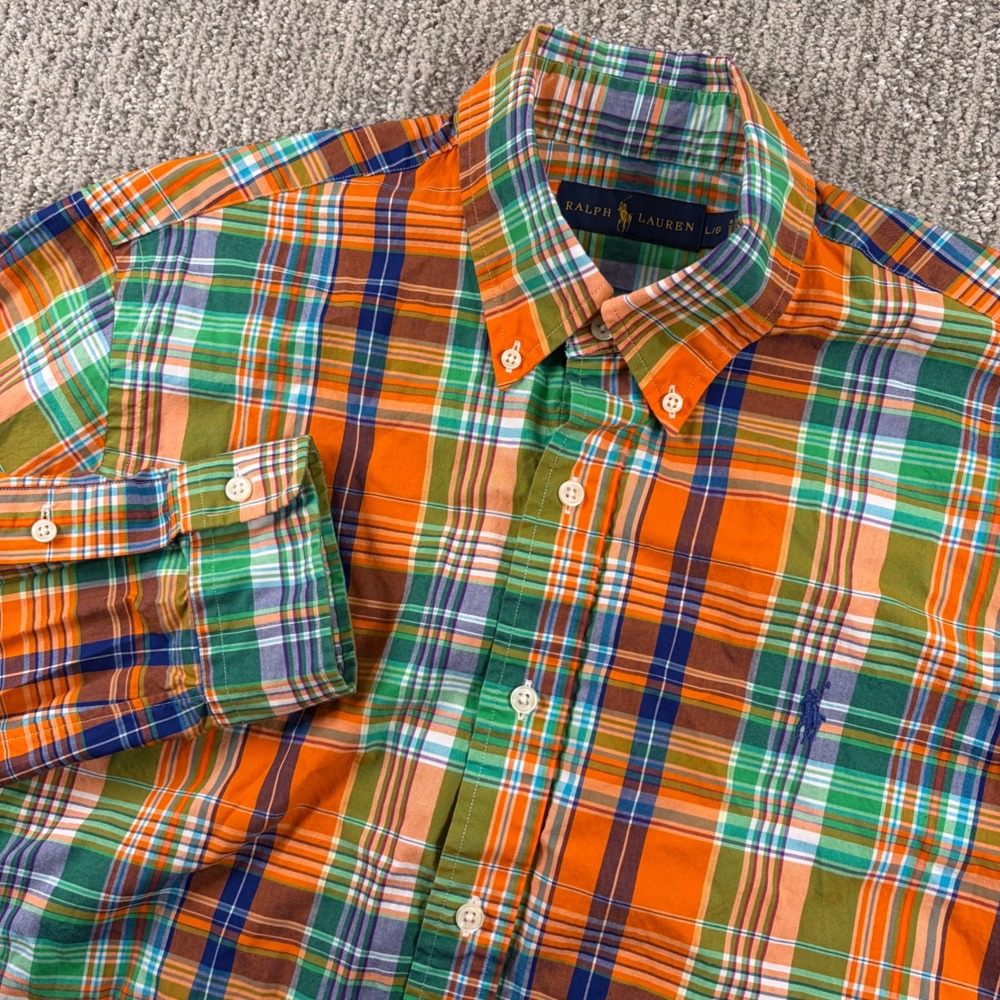 Polo Ralph Lauren Button Down Shirt Mens L Orange Green Plaid Long Sleeve Cotton
